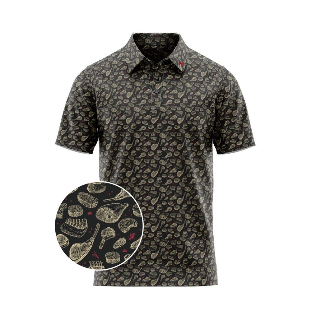 NWT Fore Fathers By Dods For Dods Mens Black Printed Meat Sweats Golf Polo XL
